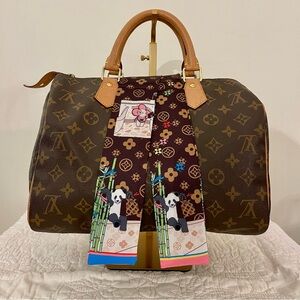 Luxury Brown Monogram with Panda Print Twilly Scarf